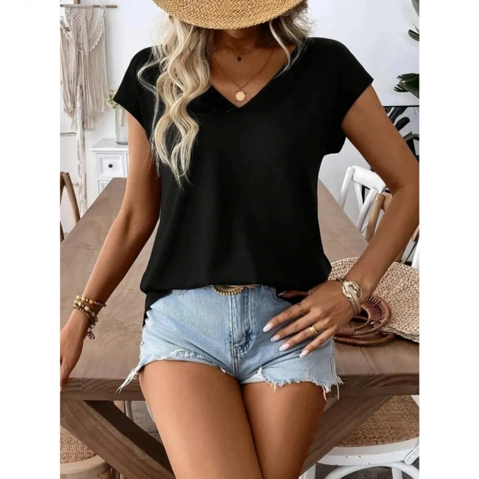 Kadın Kısa Kollu V Yakalı Arkadan Kurdele Detaylı Viskon Bluz