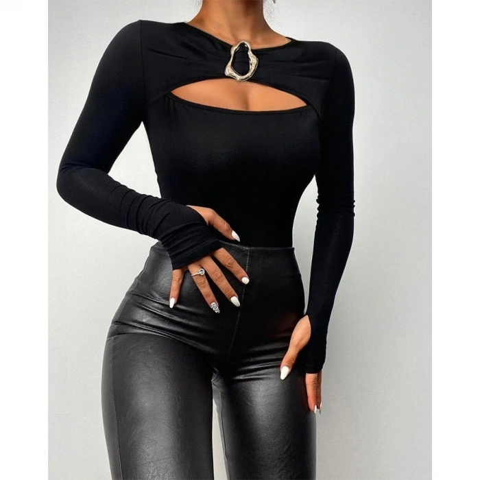 Kadın Uzun Kollu Bisiklet Yaka Göğüs Dekolteli Viskon Bluz