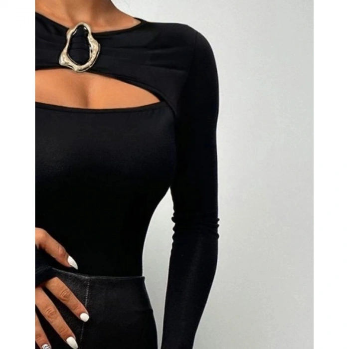 Kadın Uzun Kollu Bisiklet Yaka Göğüs Dekolteli Viskon Bluz