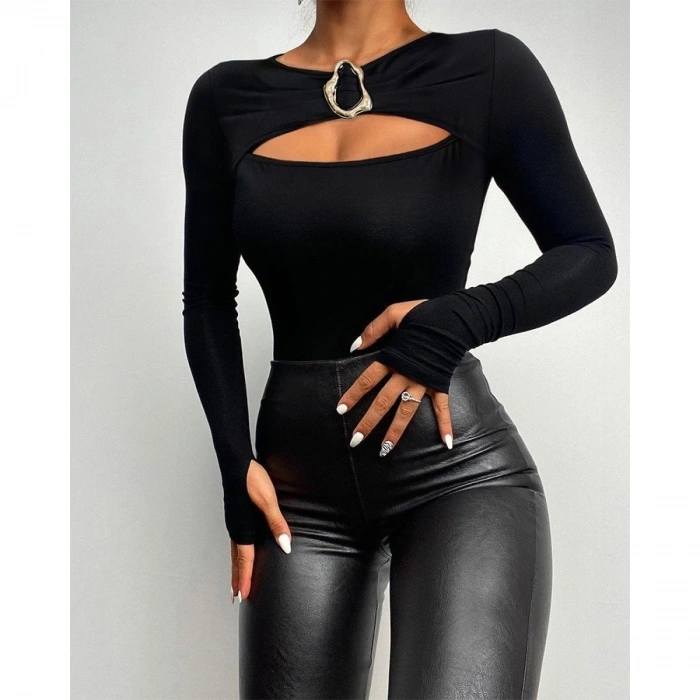 Kadın Uzun Kollu Bisiklet Yaka Göğüs Dekolteli Viskon Bluz