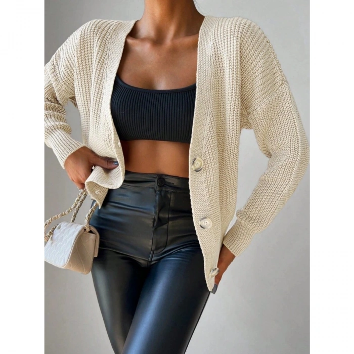 Kadın Uzun Kollu Düğme Detay Triko Bluz