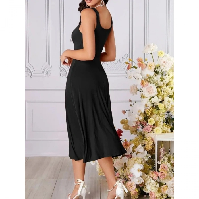 Kadın Askılı Geometrik Yakalı Geniş Kesim Detaylı Ithal Krep Elbise