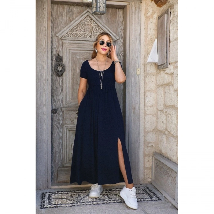 Kadın Kısa Kollu Yuvarlak Yaka önden Yırtmaçlı Cepli Viskon Uzun Elbise