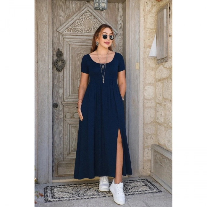 Kadın Kısa Kollu Yuvarlak Yaka önden Yırtmaçlı Cepli Viskon Uzun Elbise