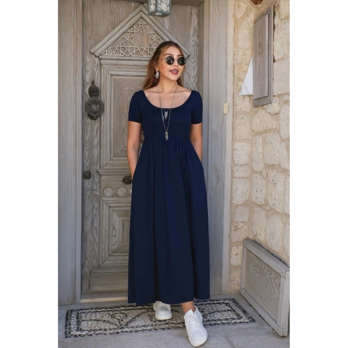 Kadın Kısa Kollu Yuvarlak Yaka önden Yırtmaçlı Cepli Viskon Uzun Elbise