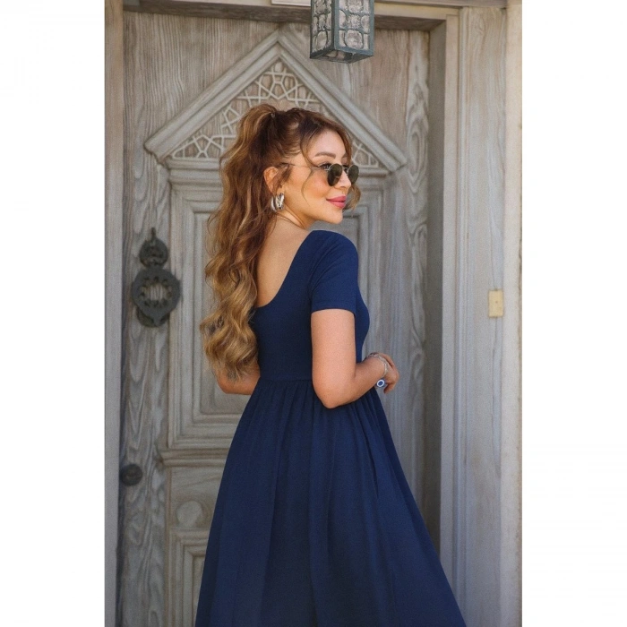 Kadın Kısa Kollu Yuvarlak Yaka önden Yırtmaçlı Cepli Viskon Uzun Elbise