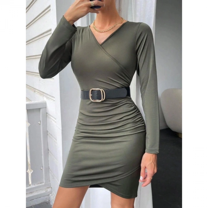 Kadın Uzun Kollu Kruvaze Yaka önden Pileli Sandy Kumaş Elbise (kemer Dahil Değil)