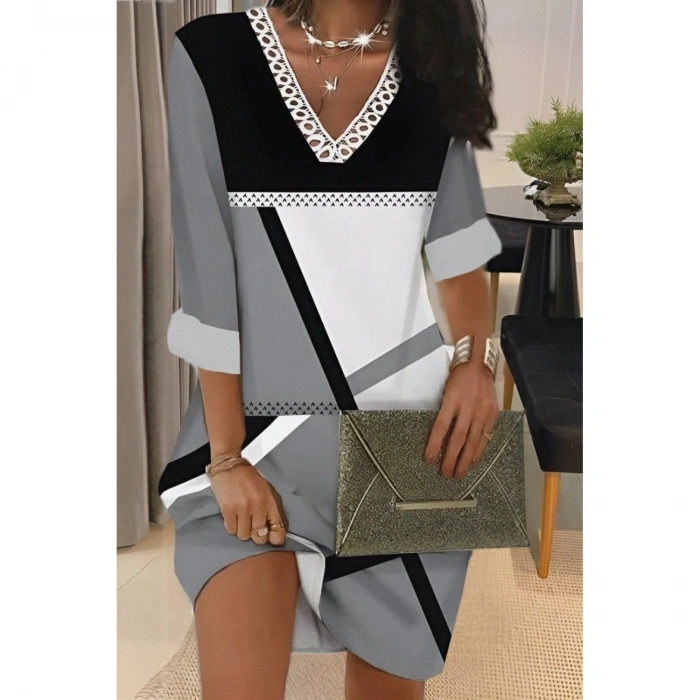 Kadın Fakir Kollu V Dantel Yaka Geometrik Desenli Dalgıç Elbise