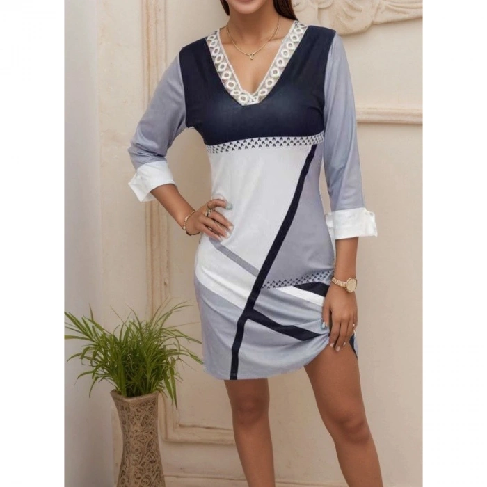 Kadın Fakir Kollu V Dantel Yaka Geometrik Desenli Dalgıç Elbise