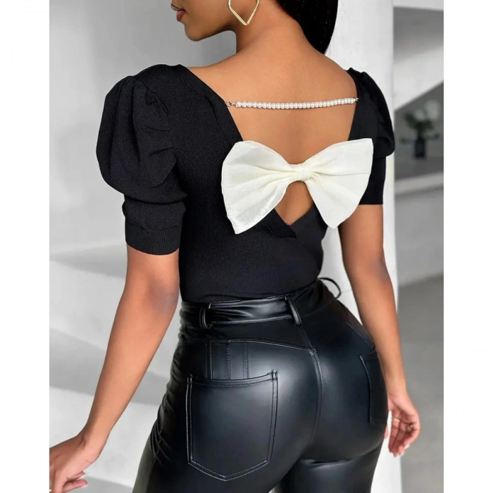 Kadın Kısa Kollu Sırt Inci Ve Kurdela Detay Karpuz Kol Yerli Krep Bluz. 109 Adet Standart Beden Gerisi 3 Beden