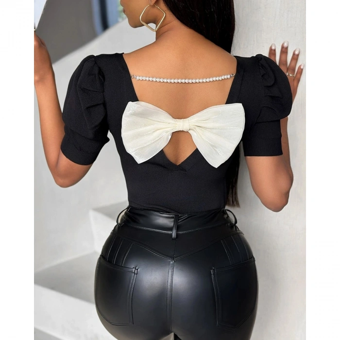 Kadın Kısa Kollu Sırt Inci Ve Kurdela Detay Karpuz Kol Yerli Krep Bluz. 109 Adet Standart Beden Gerisi 3 Beden