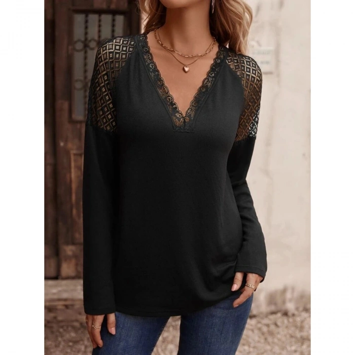 Kadın Uzun Kollu V Yakalı Dantel Detaylı Viskon Bluz