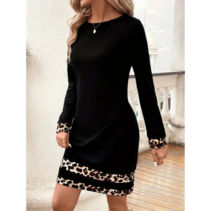Kadın Uzun Kollu Bisiklet Yaka şerit Leopar Desenli Kısa Dalgıç Elbise