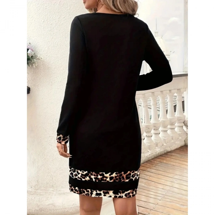 Kadın Uzun Kollu Bisiklet Yaka şerit Leopar Desenli Kısa Dalgıç Elbise