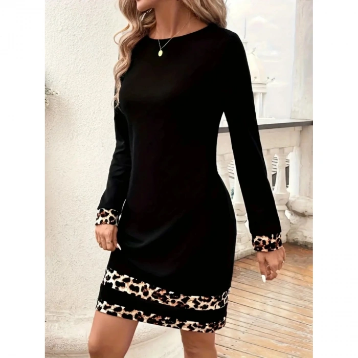 Kadın Uzun Kollu Bisiklet Yaka şerit Leopar Desenli Kısa Dalgıç Elbise
