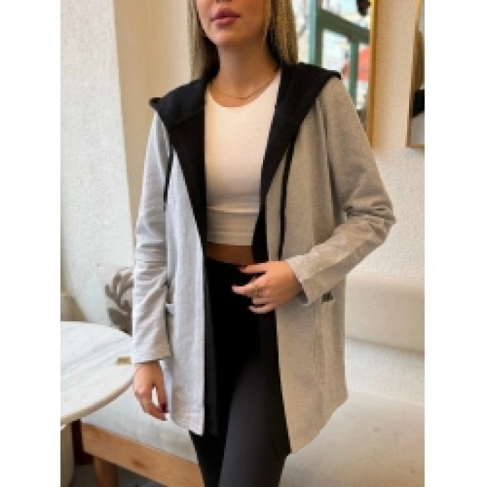 Kadın Uzun Kollu Kapşonlu çift Renkli şardonlu Iki Iplik Ceket