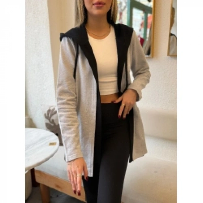 Kadın Uzun Kollu Kapşonlu çift Renkli şardonlu Iki Iplik Ceket