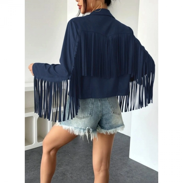 Kadın Uzun Kollu Yakalı Kısa Püsküllü Süet Ceket