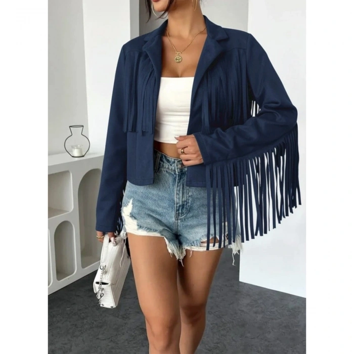 Kadın Uzun Kollu Yakalı Kısa Püsküllü Süet Ceket