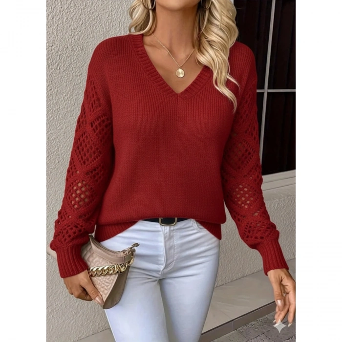 Kadın Uzun Kollu V Yaka Kol Delikli Baklava Desen Detaylı Triko Kazak