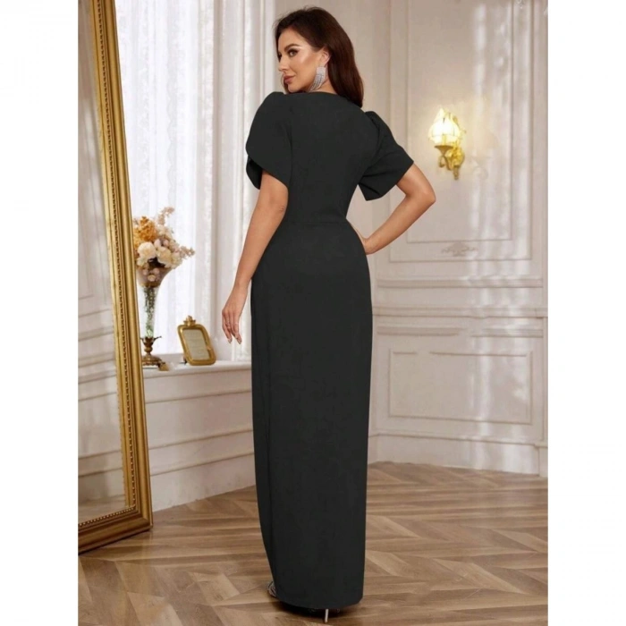 Kadın Kısa Kollu Kruvaze Yakalı Belden çiçek Aksesuarlı Yırtmaçlı Ithal Krep Elbise