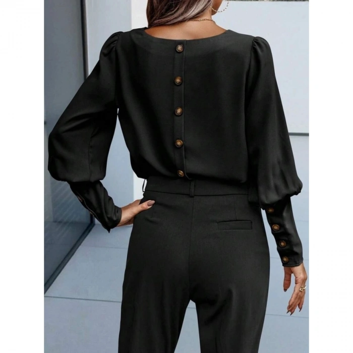 Kadın Uzun Kollu Yuvarlak Yakalı Düğmeli Ithal Krep Bluz