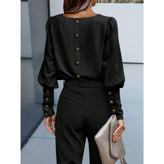 Kadın Uzun Kollu Yuvarlak Yakalı Düğmeli Ithal Krep Bluz