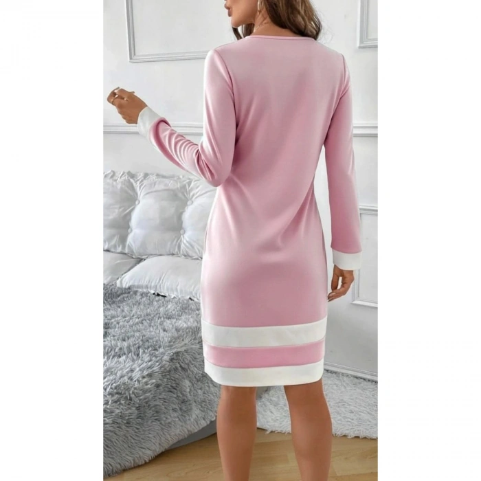 Kadın Uzun Kollu Yuvarlak Yaka Etek Ucu şerit Detaylı Mini Dalgıç Elbise