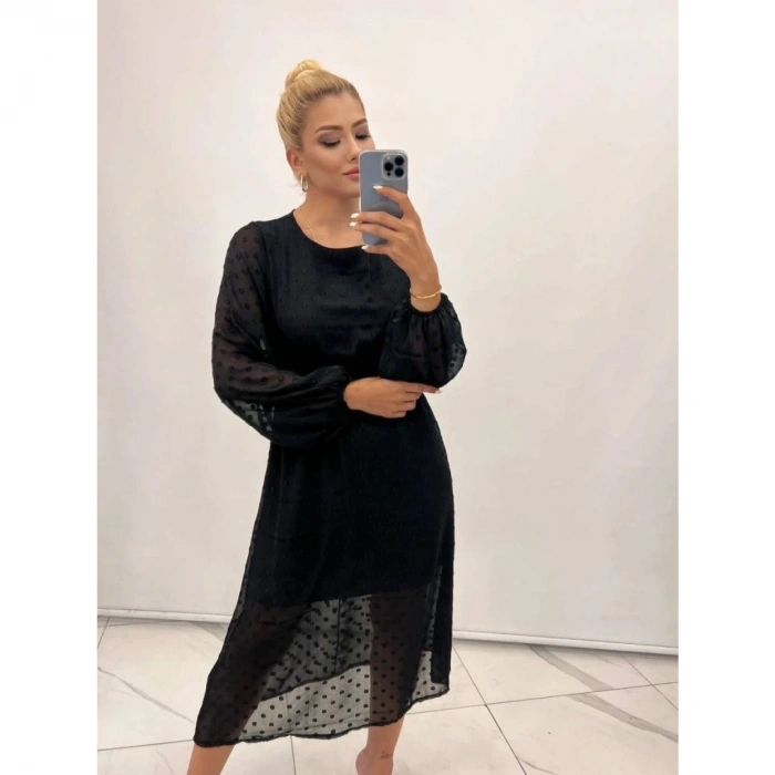 Kadın Uzun Kollu Astar Detay Fırsat ürün Ponpon şifon Elbise