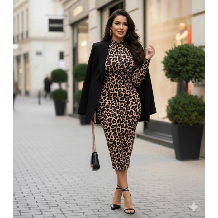 Kadın Uzun Kollu Balıkçı Yaka Leopar Desenli Midi Boy Elbise
