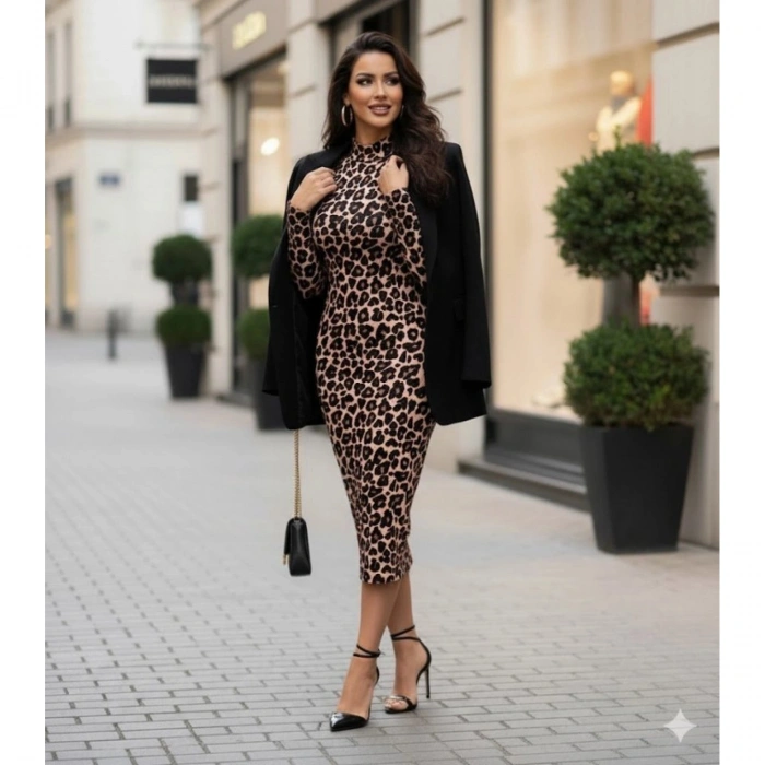 Kadın Uzun Kollu Balıkçı Yaka Leopar Desenli Midi Boy Elbise