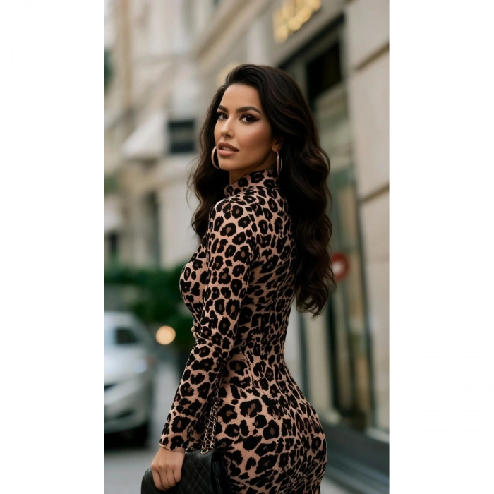 Kadın Uzun Kollu Balıkçı Yaka Leopar Desenli Midi Boy Elbise