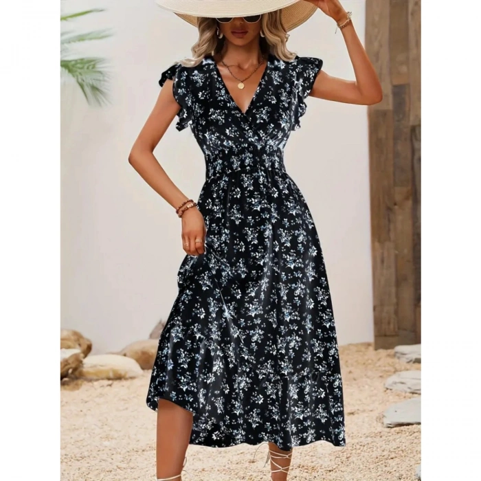Kadın Kısa Kollu Kruvaze Yakalı Beli Lastikli çiçek Desenli Elbise