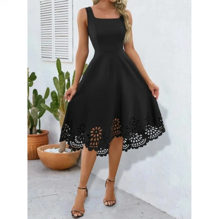 Kadın Askılı Geometrik Yaka çiçek Lazer Kesim Ithal Krep Elbise