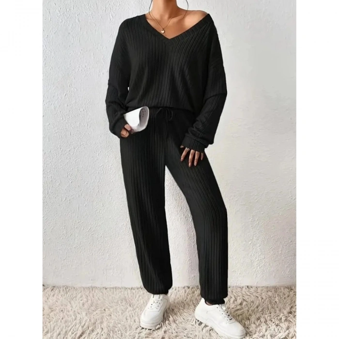Kadın Uzun Kollu V Yakalı Kaşkorse Bluz Ve Pantolon Ikili Takım