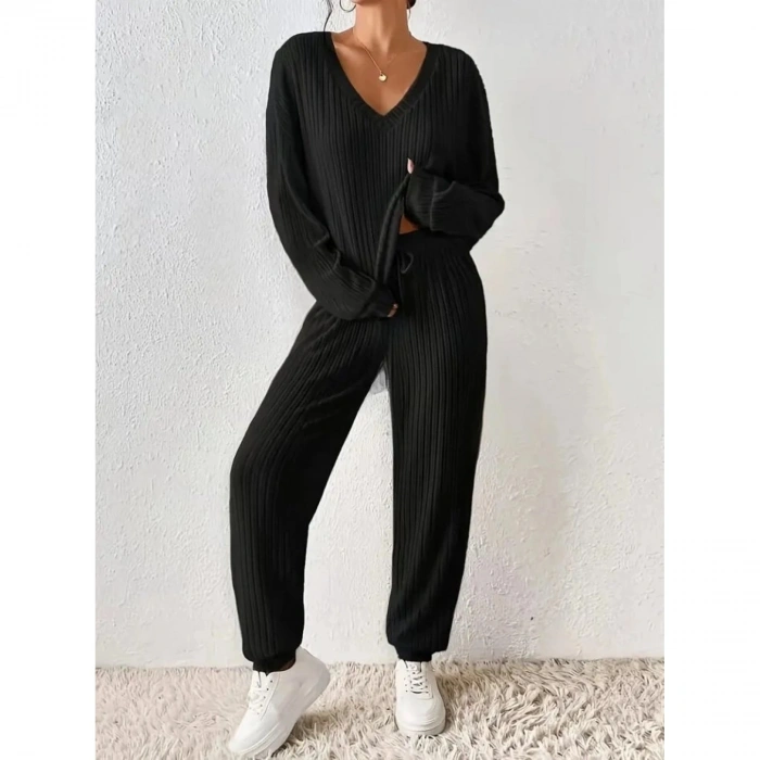 Kadın Uzun Kollu V Yakalı Kaşkorse Bluz Ve Pantolon Ikili Takım