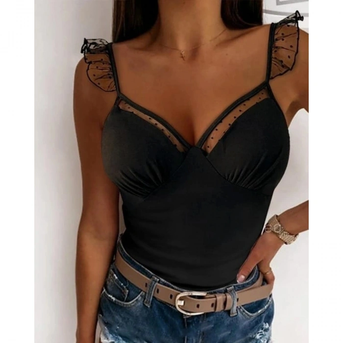 Kadın Askılar Tül Işlemeli Kalp Yaka Tül Detay Dalgıç Bluz