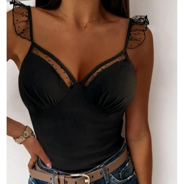 Kadın Askılar Tül Işlemeli Kalp Yaka Tül Detay Dalgıç Bluz