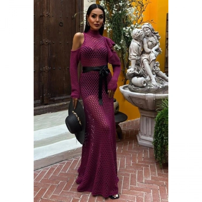 Saten Kuşaklı Ajurlu Triko Elbise 2847