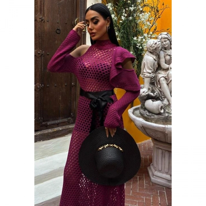 Saten Kuşaklı Ajurlu Triko Elbise 2847