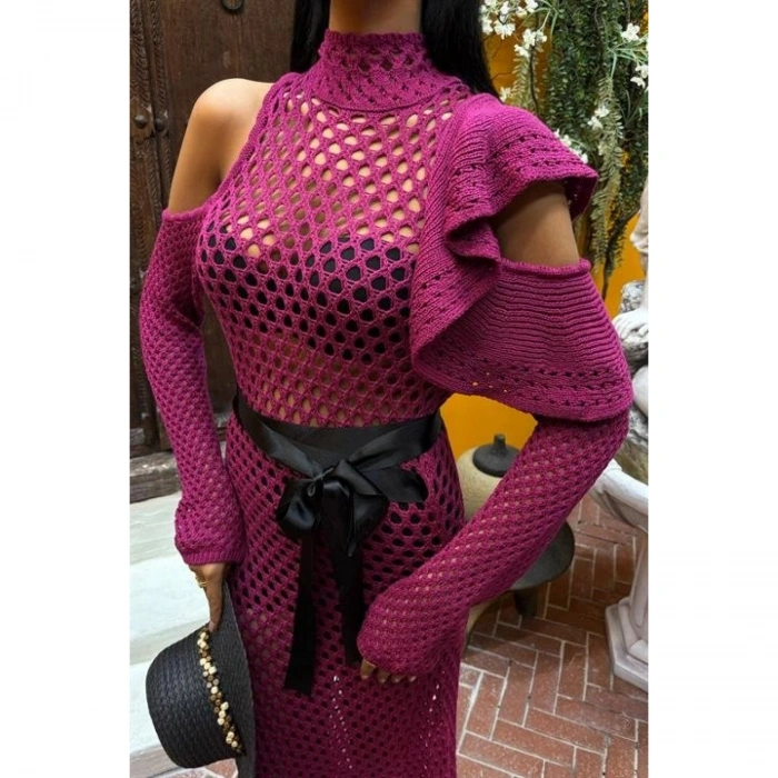 Saten Kuşaklı Ajurlu Triko Elbise 2847