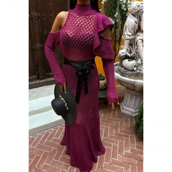 Saten Kuşaklı Ajurlu Triko Elbise 2847