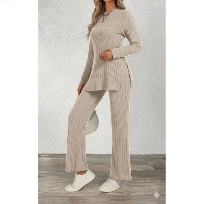 Kadın Uzun Kollu Bisiklet Yaka Yandan Yırtmaçlı şardonlu Kaşkorse Bluz Ve Pantolon Ikili Takım