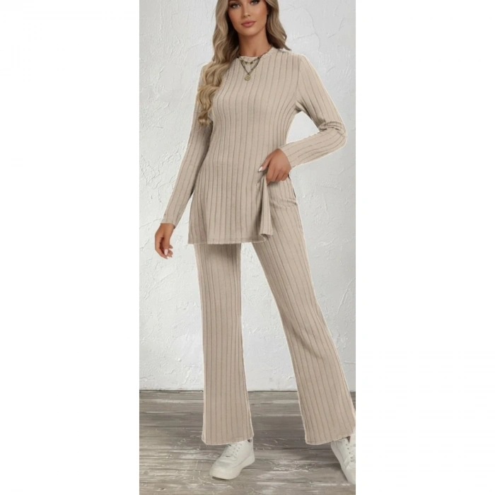 Kadın Uzun Kollu Bisiklet Yaka Yandan Yırtmaçlı şardonlu Kaşkorse Bluz Ve Pantolon Ikili Takım