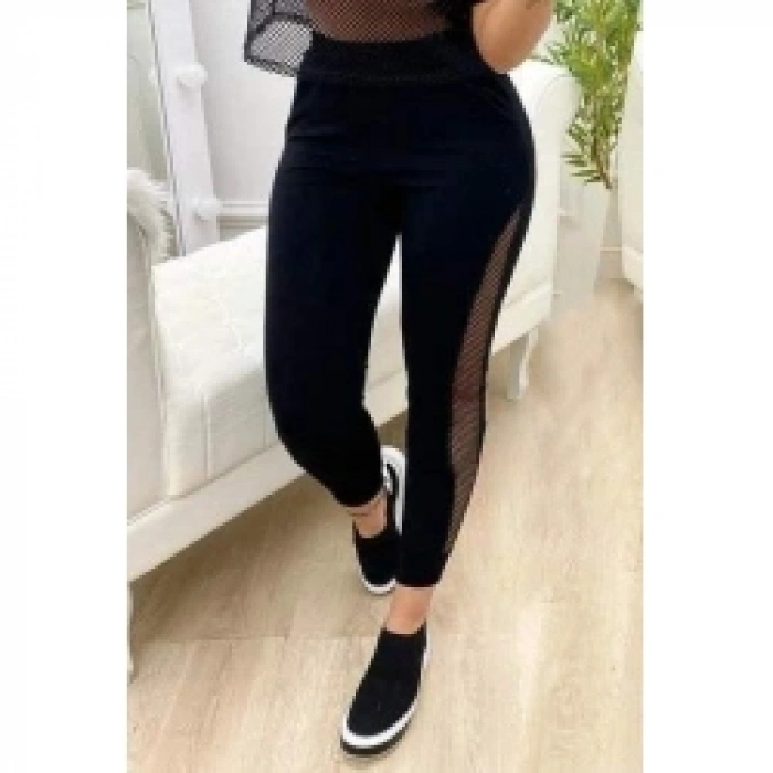Kadın Yüksek Bel File Detaylı Dar Kesim Viskon Iki Iplik Pantolon