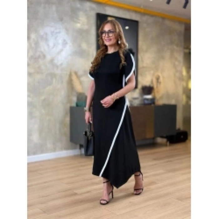 Kadın Kısa Kollu Bisiklet Yaka çift şerit Renk Detaylı Asimetrik Kesim Viskon Iki Iplik Elbise