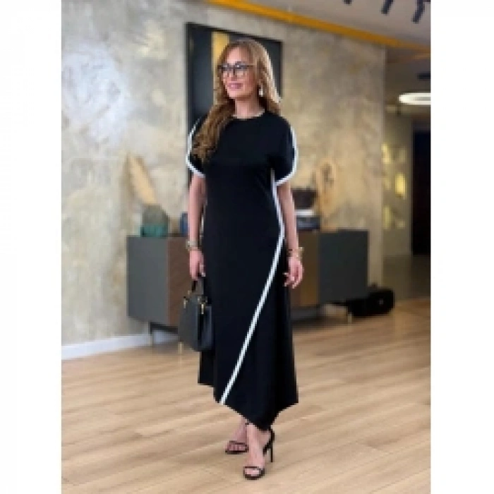 Kadın Kısa Kollu Bisiklet Yaka çift şerit Renk Detaylı Asimetrik Kesim Viskon Iki Iplik Elbise