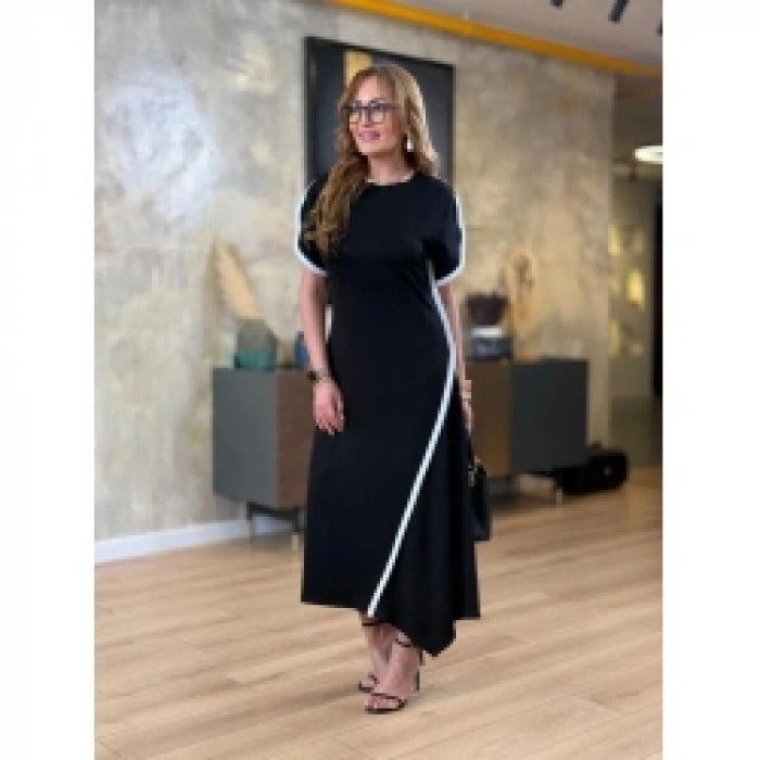 Kadın Kısa Kollu Bisiklet Yaka çift şerit Renk Detaylı Asimetrik Kesim Viskon Iki Iplik Elbise