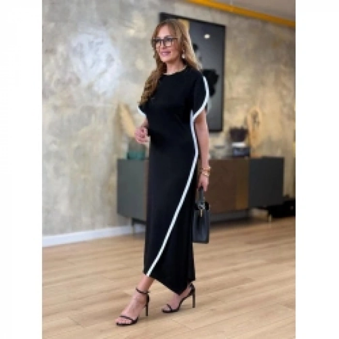 Kadın Kısa Kollu Bisiklet Yaka çift şerit Renk Detaylı Asimetrik Kesim Viskon Iki Iplik Elbise