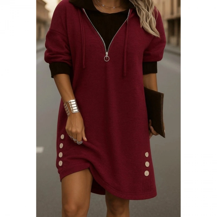 Kadın Uzun Kollu Kapşonlu önden Fermuarlı Düğmeli Mini Iki Iplik Elbise